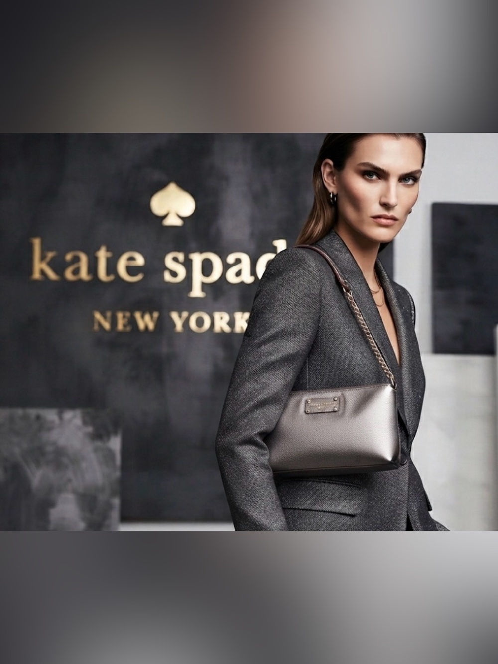Authentic Kate Spade designer grey metallic leather handbag purse